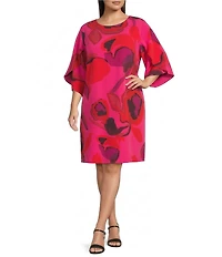 Caroline Rose Plus Copa Floral Print Crepe Scoop Neck 3/4 Tulip Petal Sleeve Dress