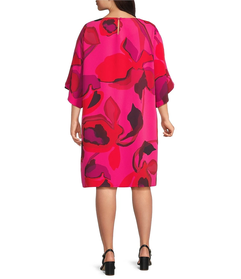 Caroline Rose Plus Copa Floral Print Crepe Scoop Neck 3/4 Tulip Petal Sleeve Dress