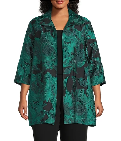 Caroline Rose Plus Floral Pattern Cloque Jacquard Spread Collar 3/4 Sleeve Open-Front Statement Jacket