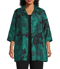 Caroline Rose Plus Floral Pattern Cloque Jacquard Spread Collar 3/4 Sleeve Open-Front Statement Jacket