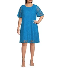 Caroline Rose Plus Floral Pattern Stretch Lace Scoop Neck Flutter Elbow Sleeve Dress