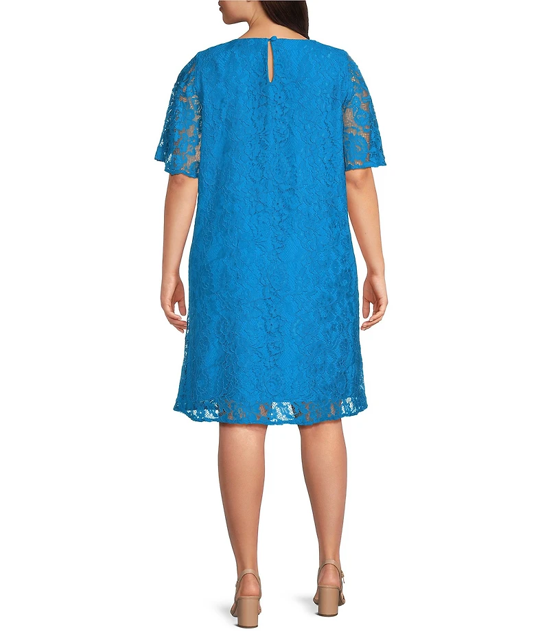 Caroline Rose Plus Floral Pattern Stretch Lace Scoop Neck Flutter Elbow Sleeve Dress