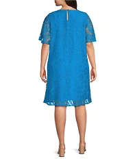 Caroline Rose Plus Floral Pattern Stretch Lace Scoop Neck Flutter Elbow Sleeve Dress