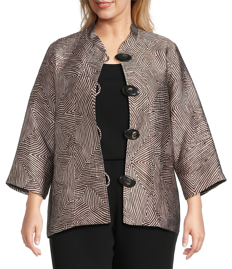Caroline Rose Plus Geometric Jacquard Stand Collar 3/4 Sleeve Button Front Jacket