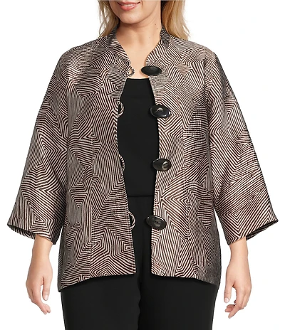 Caroline Rose Plus Geometric Jacquard Stand Collar 3/4 Sleeve Button Front Jacket
