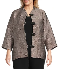 Caroline Rose Plus Geometric Jacquard Stand Collar 3/4 Sleeve Button Front Jacket
