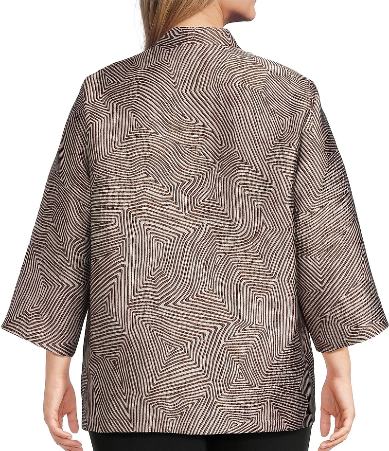 Caroline Rose Plus Geometric Jacquard Stand Collar 3/4 Sleeve Button Front Jacket