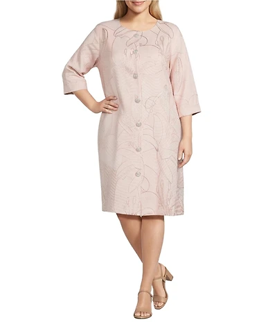 Caroline Rose Plus Luminous Lilies Jacquard Scoop Neck Bracelet Sleeve Button Front Midi Dress
