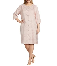 Caroline Rose Plus Luminous Lilies Jacquard Scoop Neck Bracelet Sleeve Button Front Midi Dress