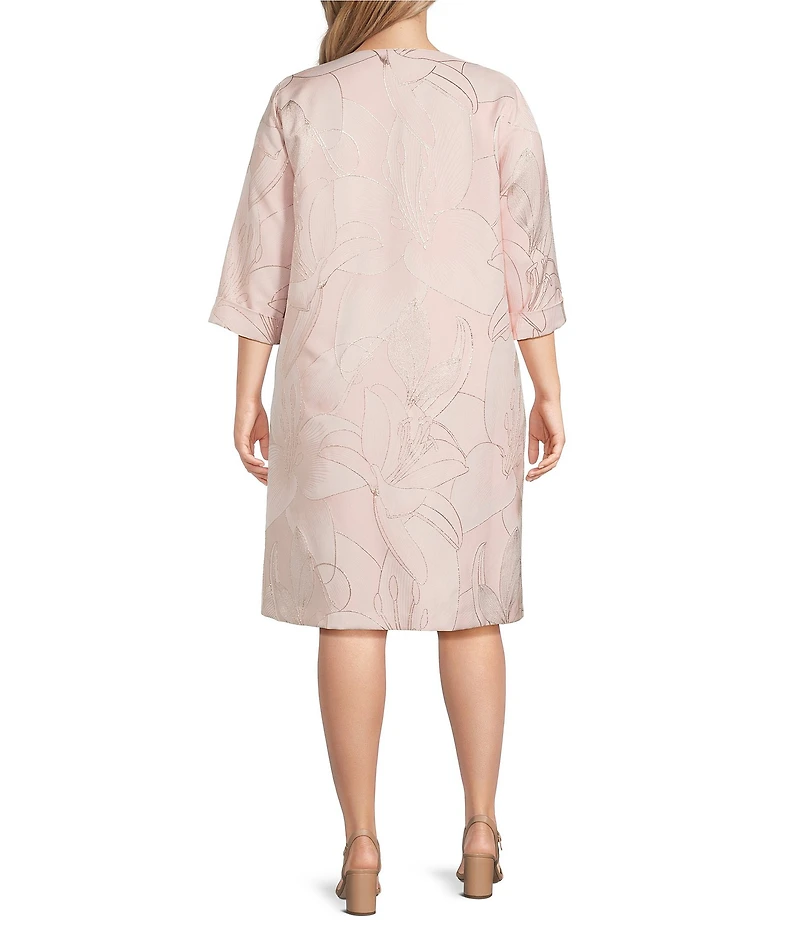 Caroline Rose Plus Luminous Lilies Jacquard Scoop Neck Bracelet Sleeve Button Front Midi Dress