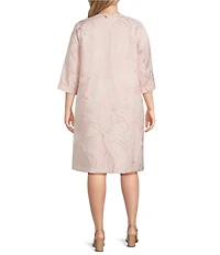 Caroline Rose Plus Luminous Lilies Jacquard Scoop Neck Bracelet Sleeve Button Front Midi Dress