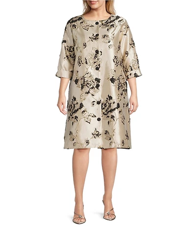 Caroline Rose Plus Lustrous Fiore Brocade Round Neck 3/4 Sleeve Button Front Long Statement Jacket