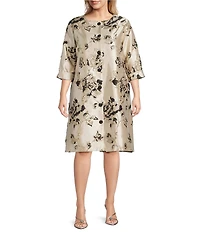 Caroline Rose Plus Lustrous Fiore Brocade Round Neck 3/4 Sleeve Button Front Long Statement Jacket