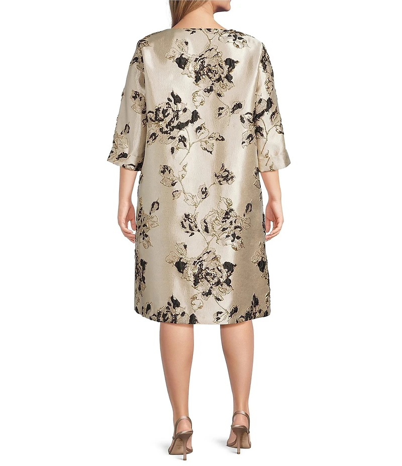 Caroline Rose Plus Lustrous Fiore Brocade Round Neck 3/4 Sleeve Button Front Long Statement Jacket