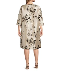 Caroline Rose Plus Lustrous Fiore Brocade Round Neck 3/4 Sleeve Button Front Long Statement Jacket