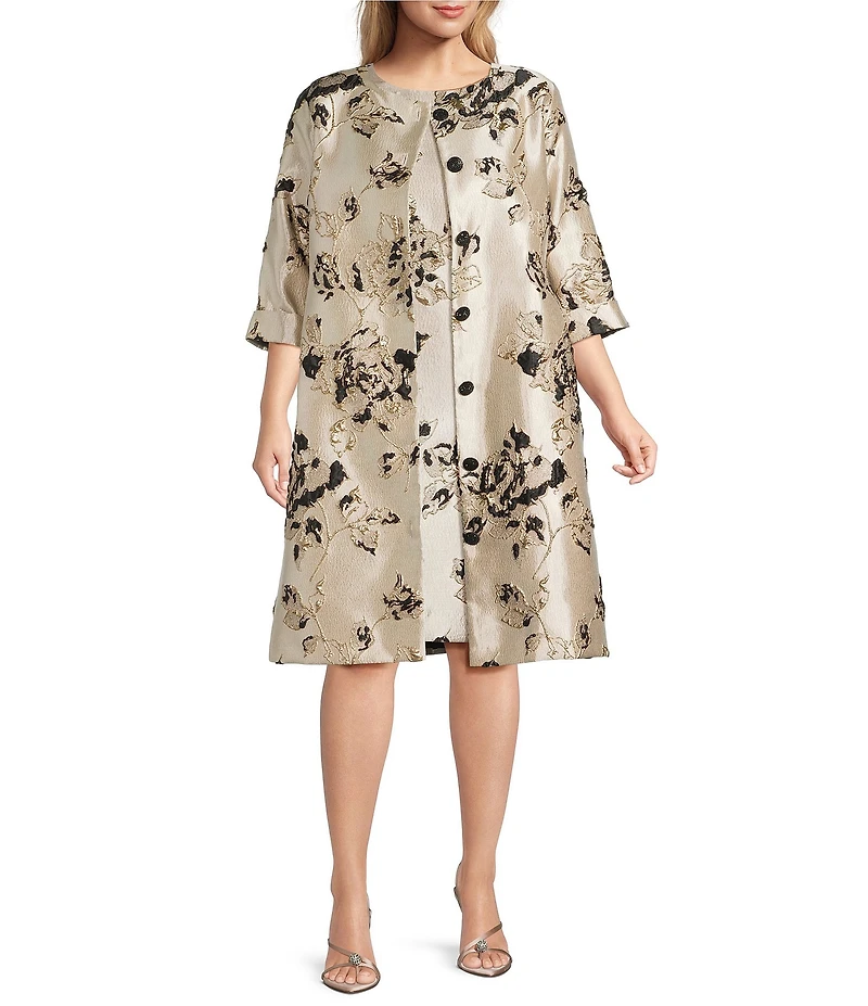Caroline Rose Plus Lustrous Fiore Brocade Round Neck 3/4 Sleeve Button Front Long Statement Jacket