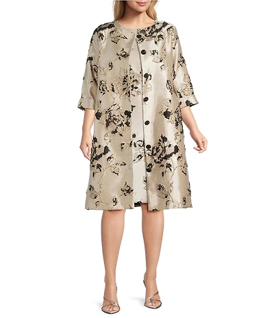Caroline Rose Plus Lustrous Fiore Brocade Round Neck 3/4 Sleeve Button Front Long Statement Jacket
