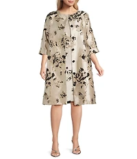 Caroline Rose Plus Lustrous Fiore Brocade Round Neck 3/4 Sleeve Button Front Long Statement Jacket
