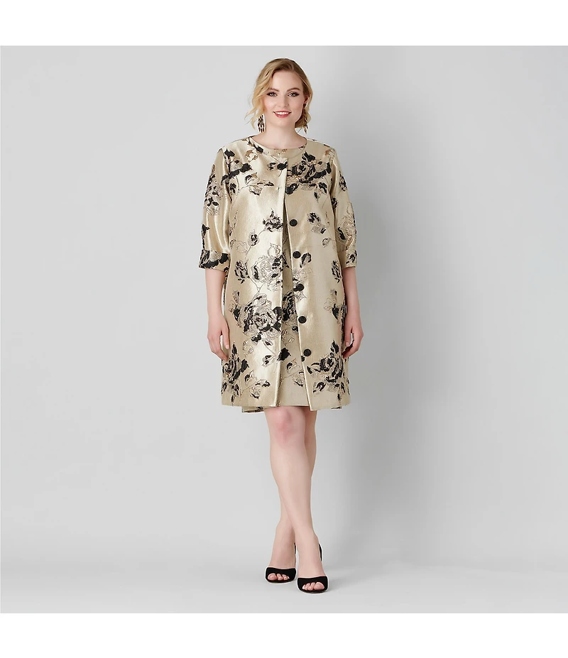 Caroline Rose Plus Lustrous Fiore Brocade Round Neck 3/4 Sleeve Button Front Long Statement Jacket