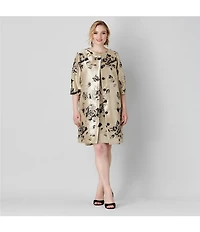 Caroline Rose Plus Lustrous Fiore Brocade Round Neck 3/4 Sleeve Button Front Long Statement Jacket