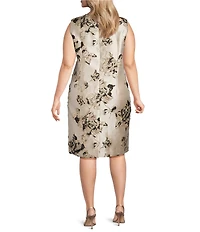 Caroline Rose Plus Lustrous Fiore Brocade Round Neck Sleeveless Sheath Dress