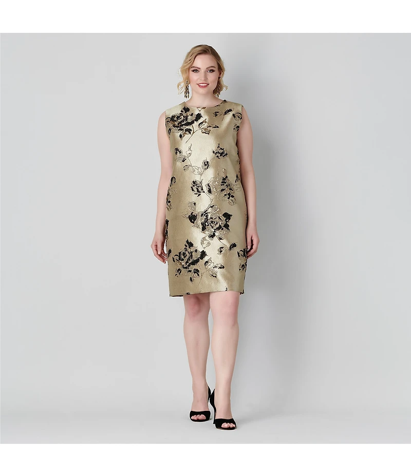 Caroline Rose Plus Lustrous Fiore Brocade Round Neck Sleeveless Sheath Dress