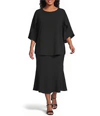 Caroline Rose Plus Matte Crepe Flat Front Elastic Waist Flare Hem Long Skirt