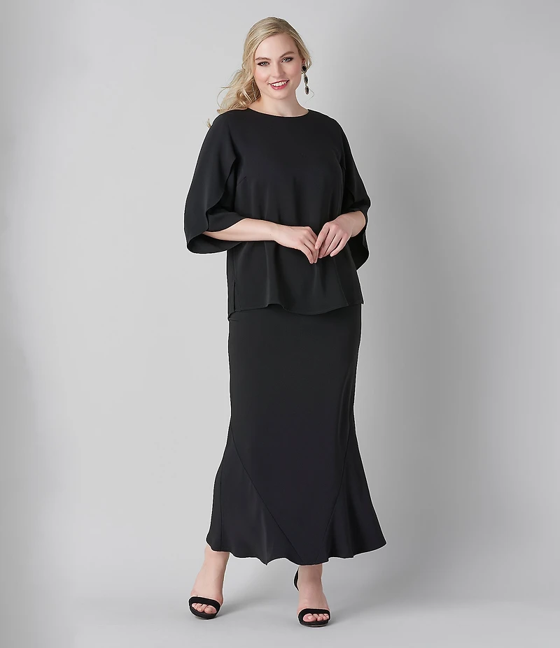 Caroline Rose Plus Matte Crepe Flat Front Elastic Waist Flare Hem Long Skirt