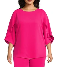 Caroline Rose Plus Matte Crepe Scoop Neck 3/4 Petal Sleeve Top
