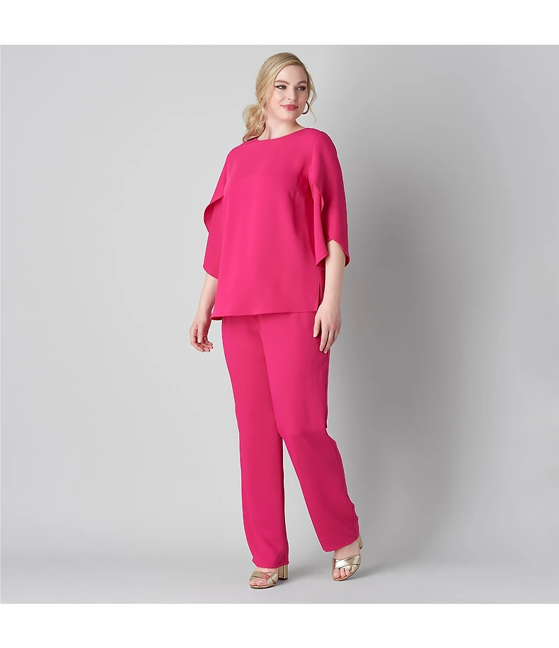 Caroline Rose Plus Matte Crepe Scoop Neck 3/4 Petal Sleeve Top