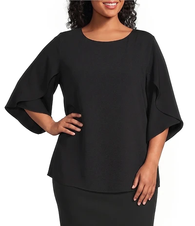 Caroline Rose Plus Matte Crepe Scoop Neck 3/4 Petal Sleeve Top