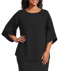 Caroline Rose Plus Matte Crepe Scoop Neck 3/4 Petal Sleeve Top