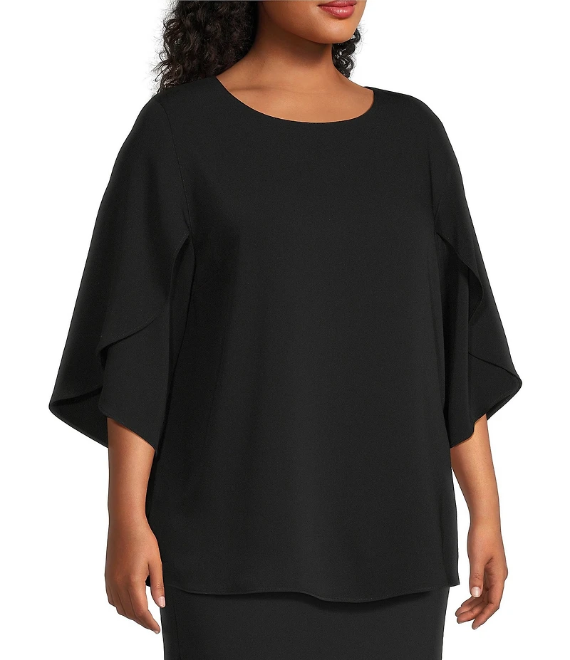 Caroline Rose Plus Matte Crepe Scoop Neck 3/4 Petal Sleeve Top