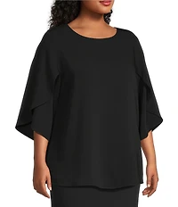 Caroline Rose Plus Matte Crepe Scoop Neck 3/4 Petal Sleeve Top