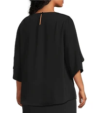 Caroline Rose Plus Matte Crepe Scoop Neck 3/4 Petal Sleeve Top