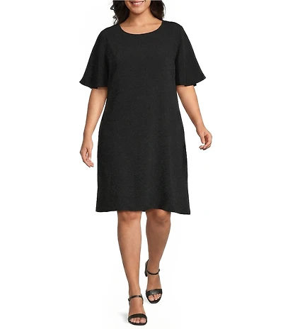 Caroline Rose Plus Matte Crepe Scoop Neck Elbow Flutter Sleeve Dress