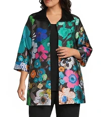 Caroline Rose Plus Mikado Bight Multi Floral Print Spread Collar Cuffed Bracelet Sleeve Open-Front Long Statement Jacket