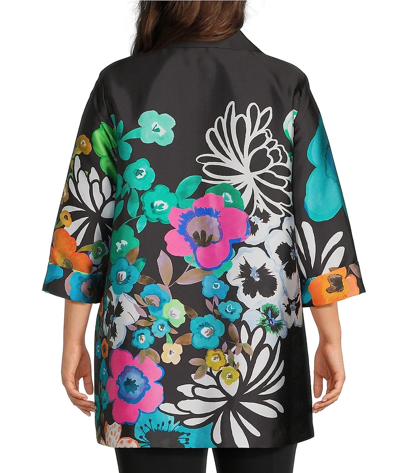 Caroline Rose Plus Mikado Bight Multi Floral Print Spread Collar Cuffed Bracelet Sleeve Open-Front Long Statement Jacket