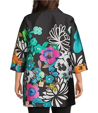 Caroline Rose Plus Mikado Bight Multi Floral Print Spread Collar Cuffed Bracelet Sleeve Open-Front Long Statement Jacket