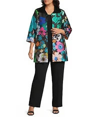 Caroline Rose Plus Mikado Bight Multi Floral Print Spread Collar Cuffed Bracelet Sleeve Open-Front Long Statement Jacket