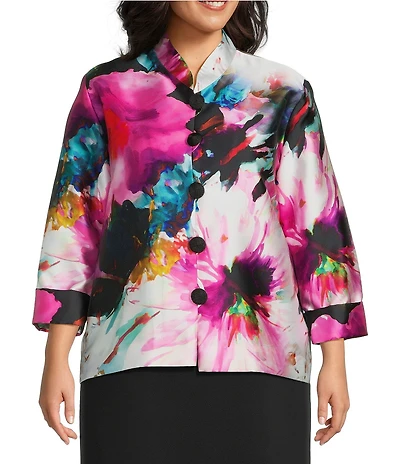 Caroline Rose Plus Mikado Watercolor Floral Print Mandarin Collar Cuffed Bracelet Sleeve Boxy Statement Jacket