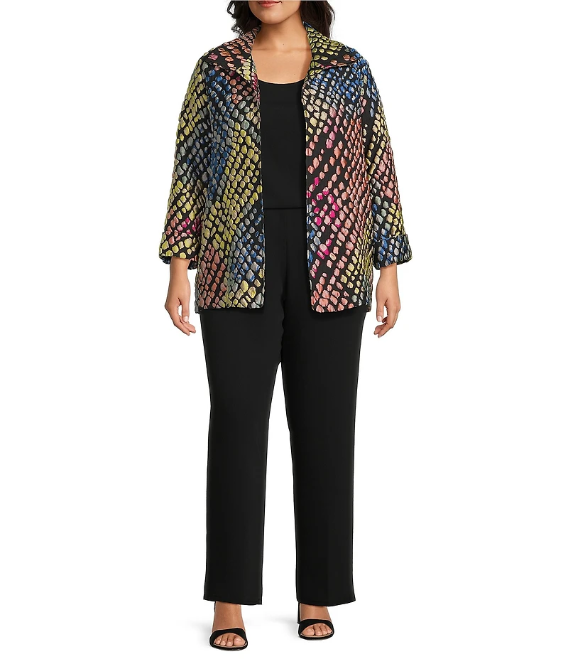 Caroline Rose Plus Mosaic Pattern Cloque Spread Collar Bracelet Sleeve Open-Front Statement Jacket