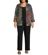 Caroline Rose Plus Mosaic Pattern Cloque Spread Collar Bracelet Sleeve Open-Front Statement Jacket