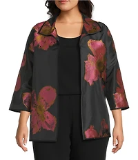 Caroline Rose Plus Pink Petal Print Devore Spread Collar Bracelet Sleeve Open-Front Statement Jacket