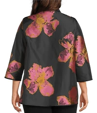 Caroline Rose Plus Pink Petal Print Devore Spread Collar Bracelet Sleeve Open-Front Statement Jacket