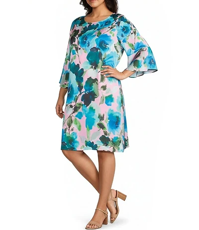 Caroline Rose Plus Size Bella Blooming Colors Floral Printed Satin Scoop Neck 3/4 Bell Sleeve A-Line Dress