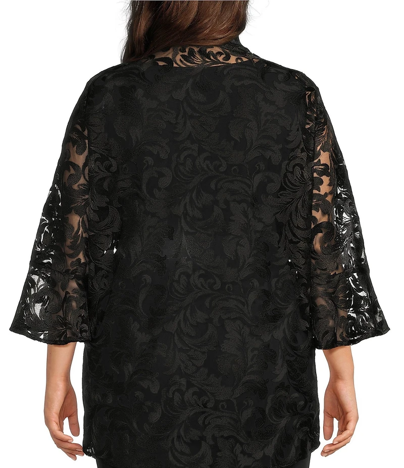 Caroline Rose Plus Size Bella Soiree Embroidered Mesh Lace 3/4 Bell Sleeve Cardigan