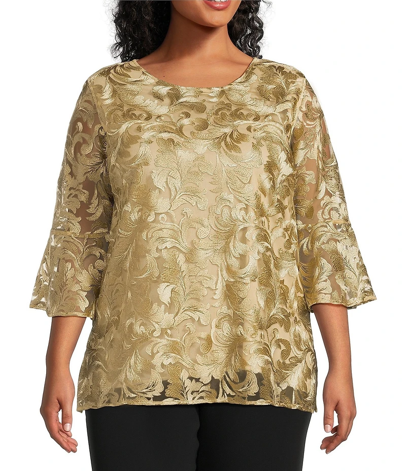 Caroline Rose Plus Size Bella Soiree Embroidered Mesh Lace Scoop Neck 3/4 Bell Sleeve Tunic