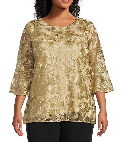 Caroline Rose Plus Size Bella Soiree Embroidered Mesh Lace Scoop Neck 3/4 Bell Sleeve Tunic