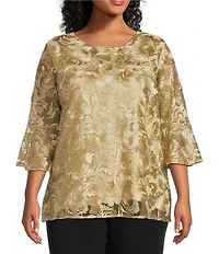 Caroline Rose Plus Size Bella Soiree Embroidered Mesh Lace Scoop Neck 3/4 Bell Sleeve Tunic
